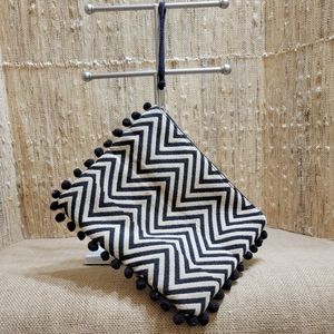 America and Beyond Tribal Print Cream/Black and Pom Poms Clutch